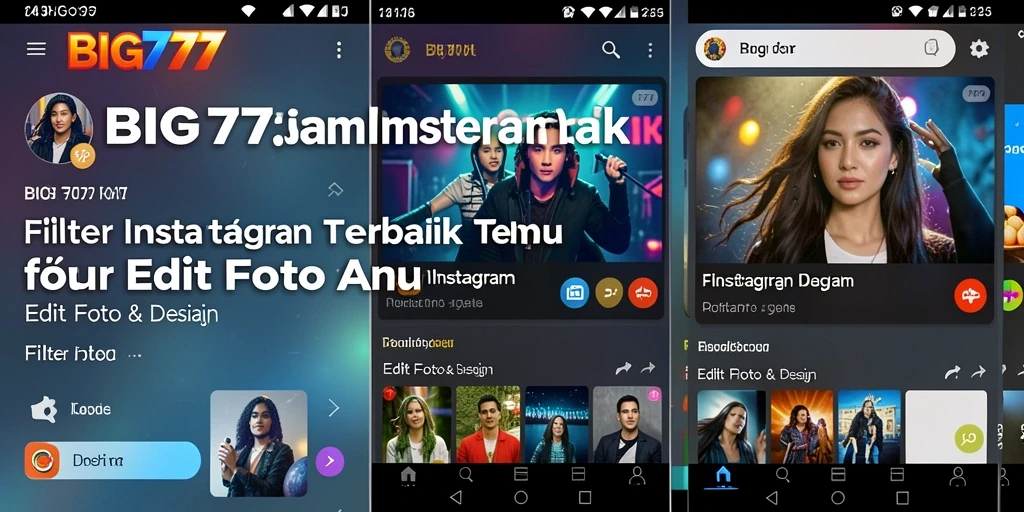 Antarmuka aplikasi BIG777 dengan berbagai filter Instagram yang menarik.